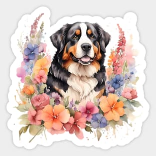 A bernese mountain dog decorated with beautiful watercolor flowers Sticker